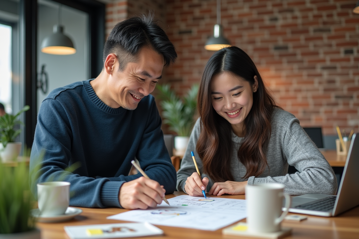 Homme asiatique et femme caucasienne collaborant autour d