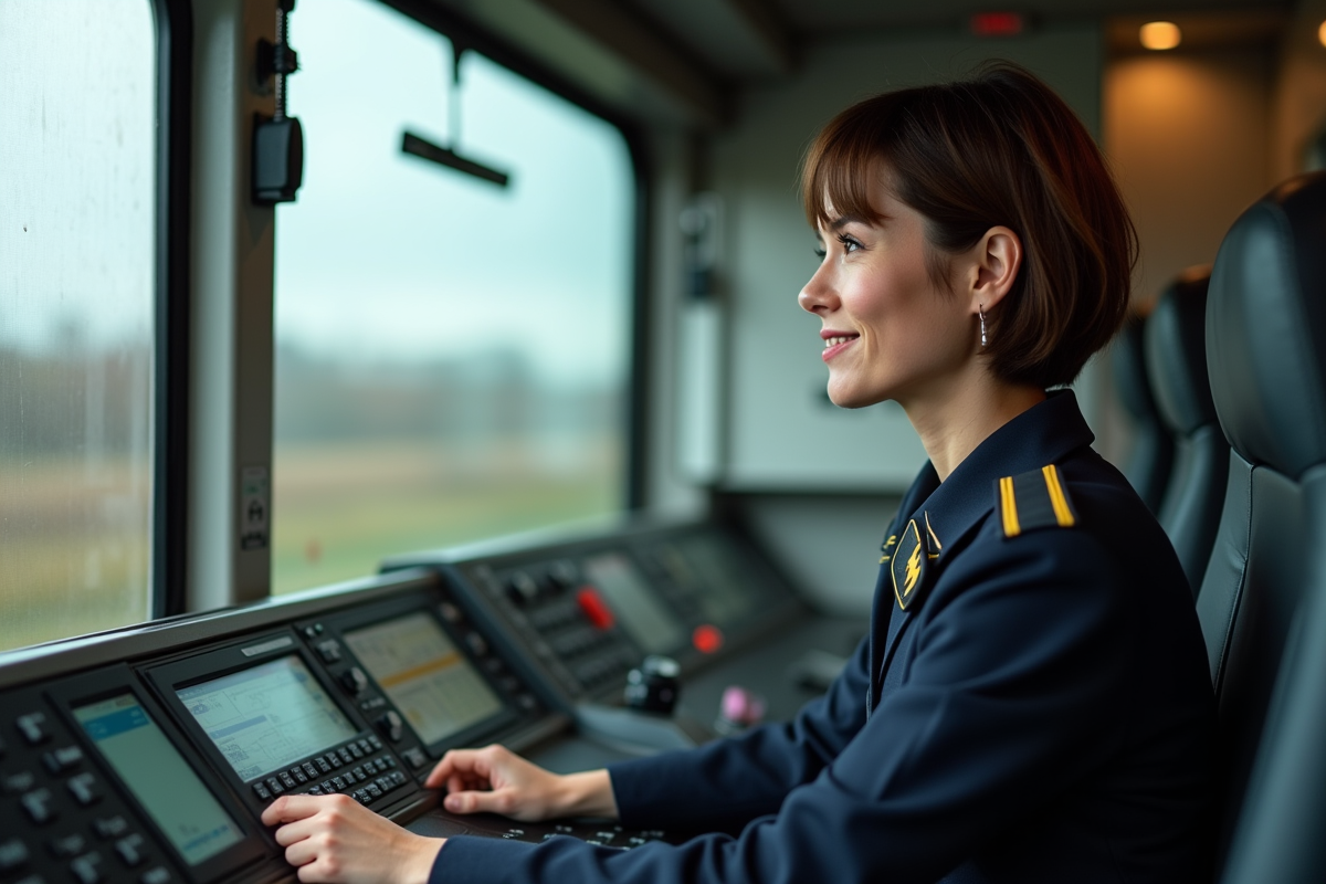 Conductrice de train femme dans la cabine moderne du locomotive