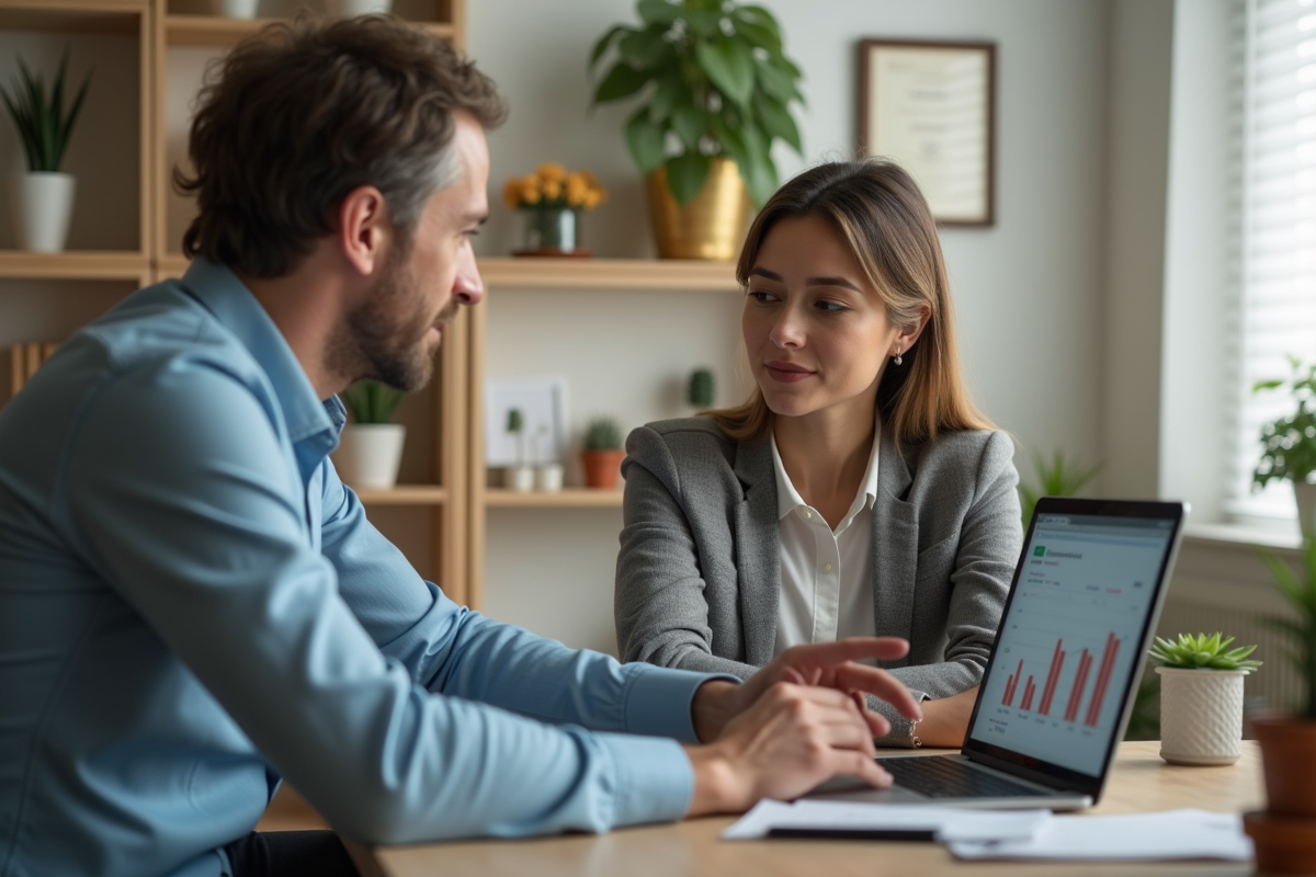 Jeune femme écoutant un conseiller financier avec graphique sur ordinateur