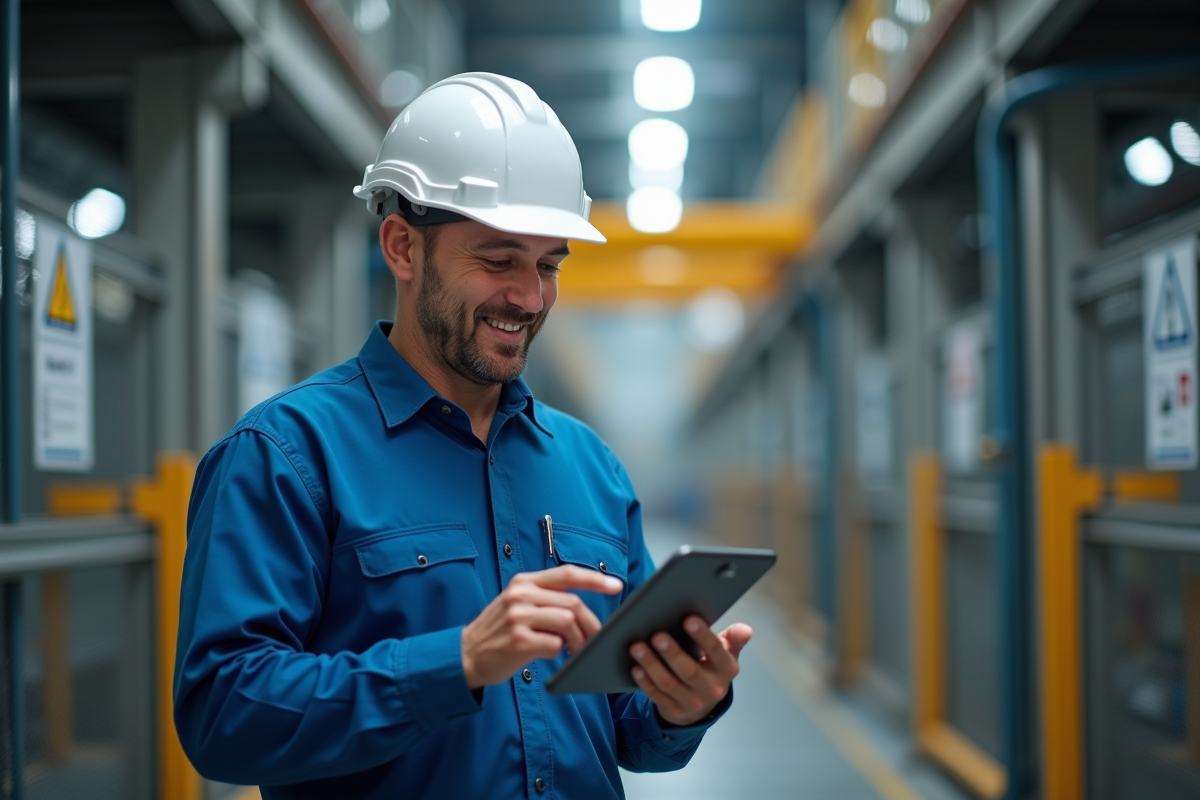 Manager de securite industrielle avec casque dans l