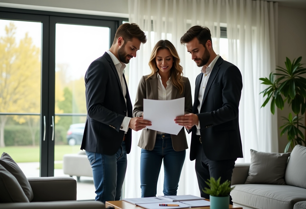 Jeune couple avec agent immobilier et certificat