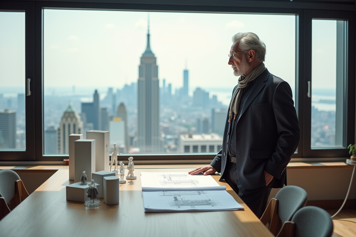 Designer homme en costume regardant plans dans atelier urbain