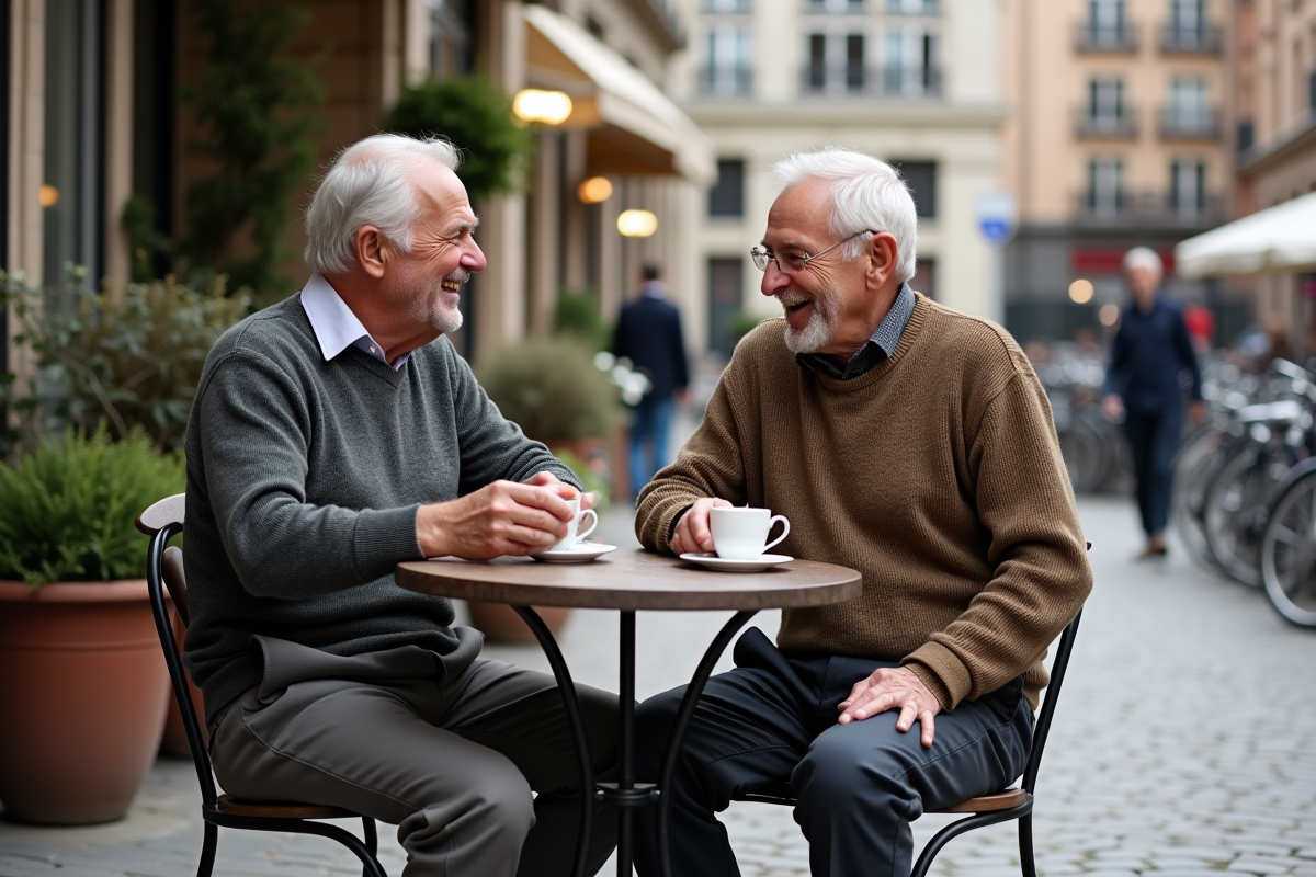 Deux hommes âgés riant au café en plein air dans une place européenne