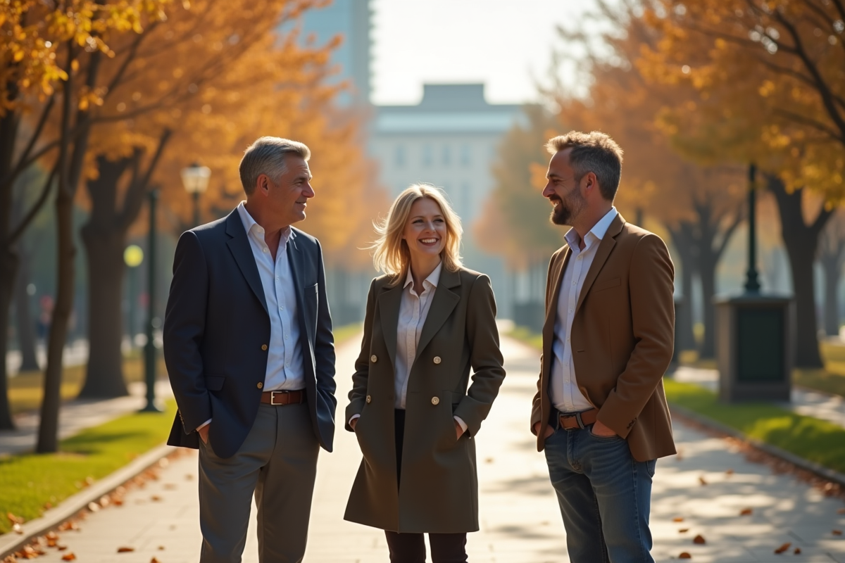 Trois personnes discutant dans un parc urbain en automne