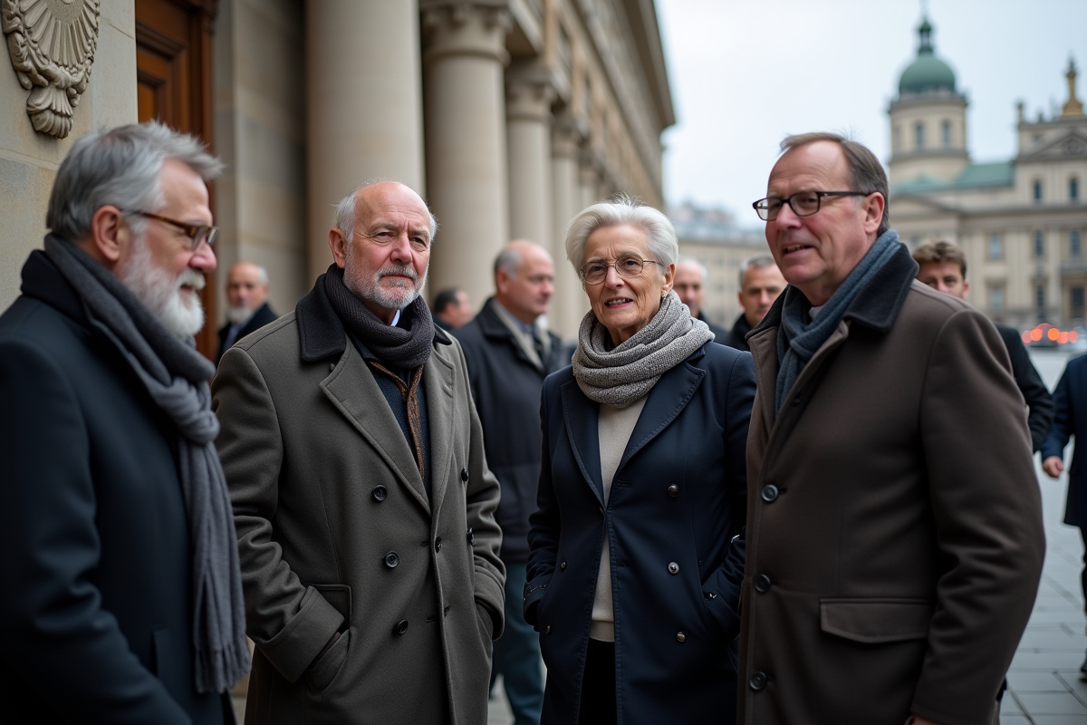 Groupe de leaders politiques discutant devant un bâtiment officiel
