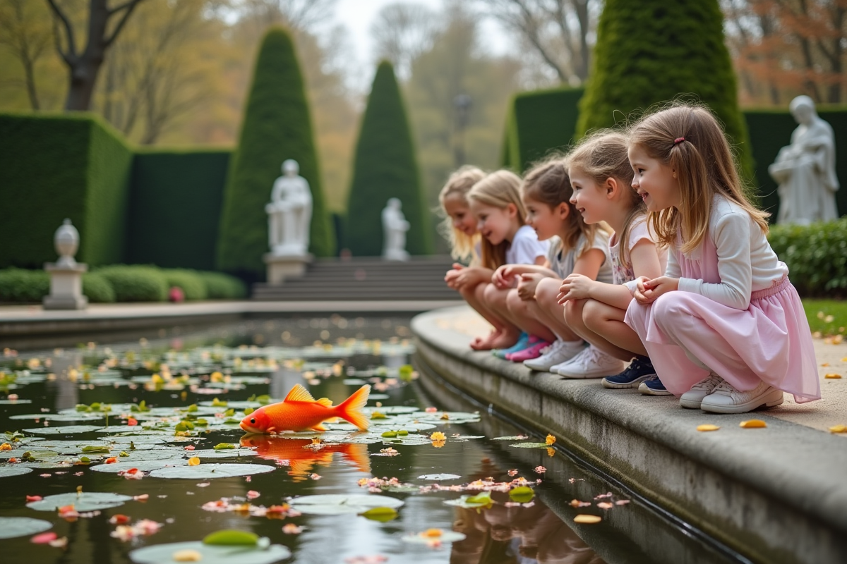 Enfants regardant des poissons koi dans un étang