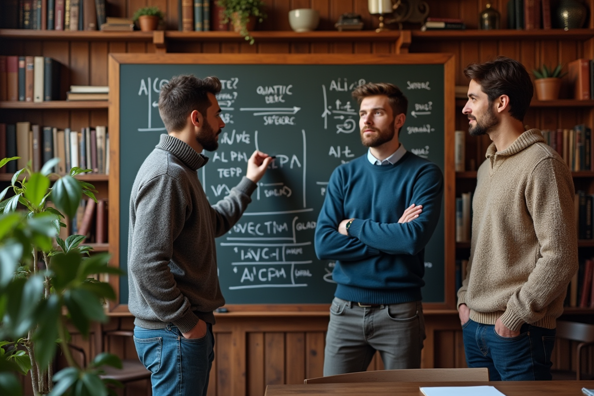 Groupe d etudiants discutant devant un tableau dans une bibliotheque