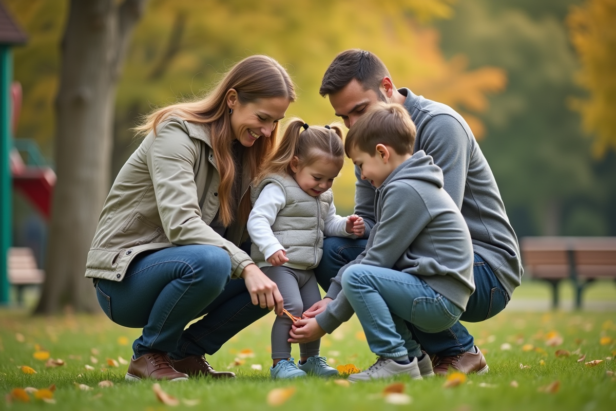 Famille jouant dans un parc arboré en extérieur