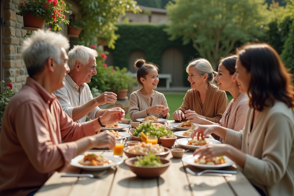Famille multigénération partageant un repas en plein air