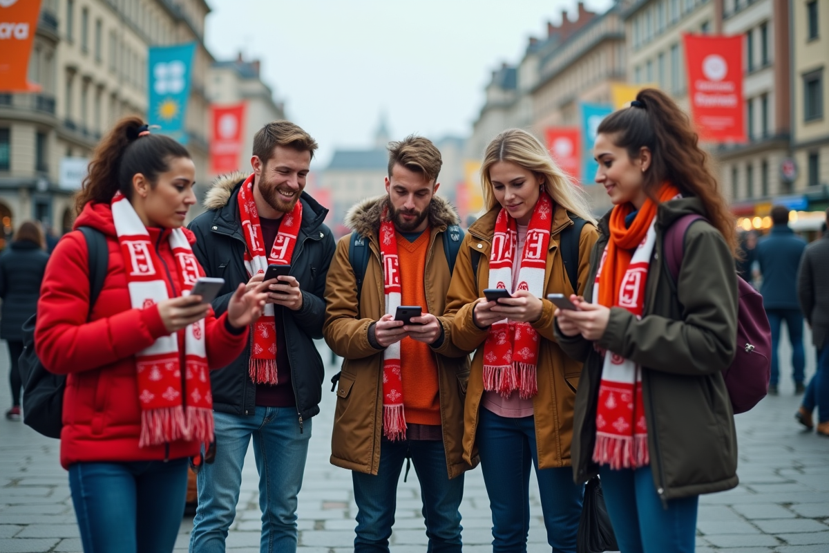 Groupe de supporters de football dans une place urbaine