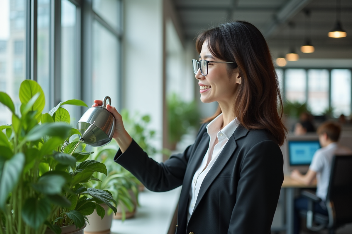 Femme d age moyen arrosant une plante dans un bureau lumineux