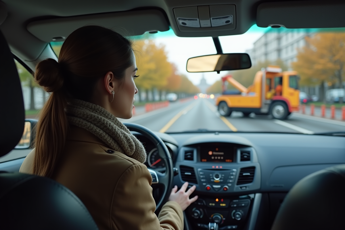 Femme impatiente regardant un remorqueur dans la ville