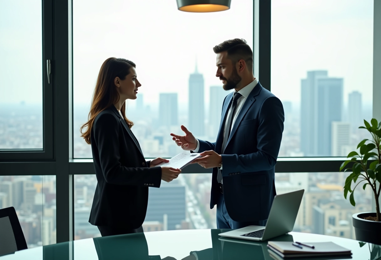 Femme discutant avec un conseiller immobilier dans un bureau urbain moderne