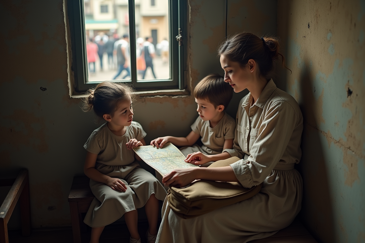 Femme et enfants dans une pièce modeste du début 20e siècle