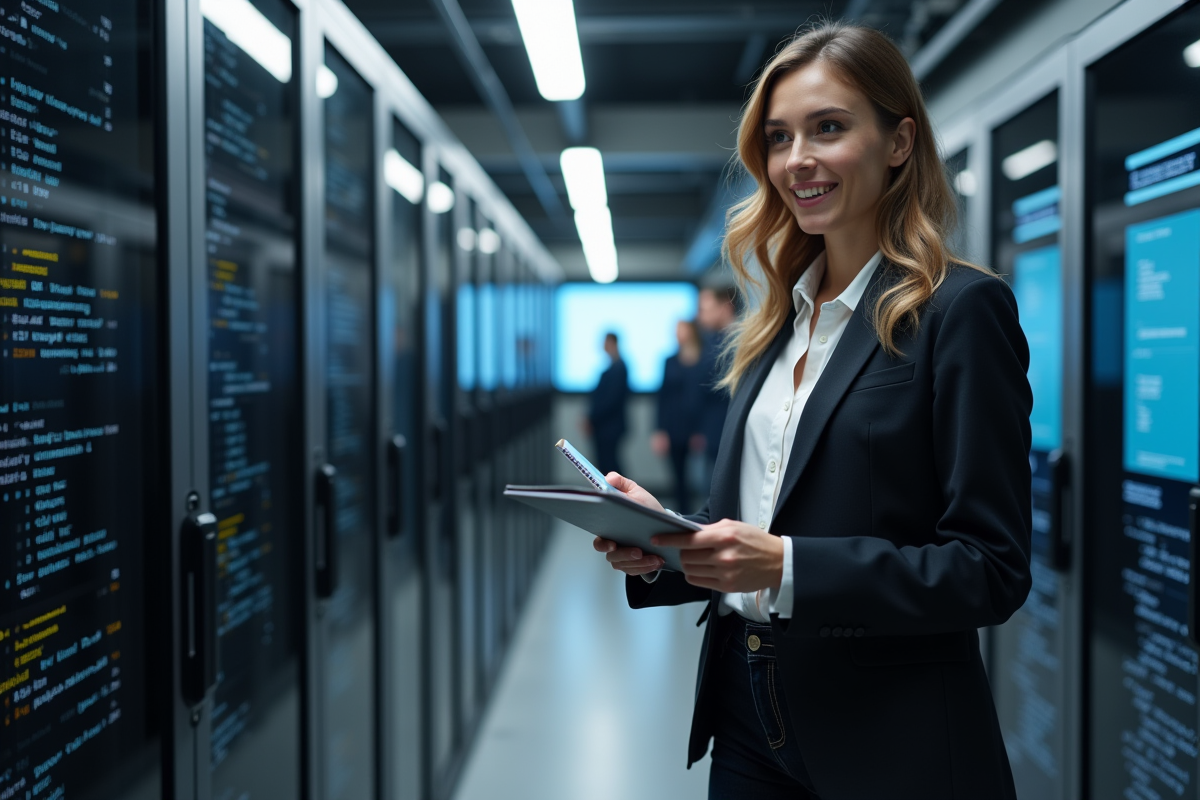 Jeune femme expliquant un concept technique devant un centre de données