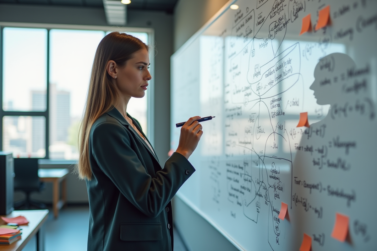 Jeune femme expliquant des diagrammes sur un tableau blanc