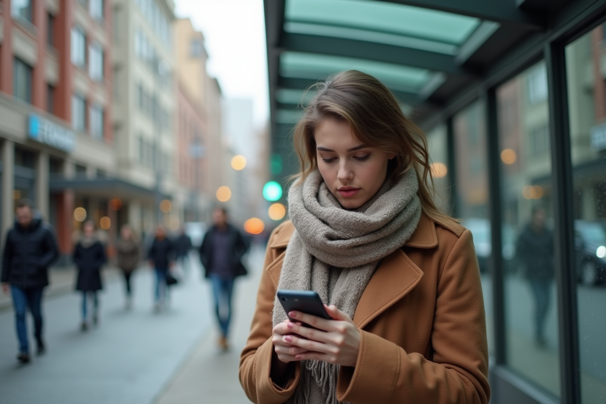 Jeune femme consulte ses actions sur smartphone en ville