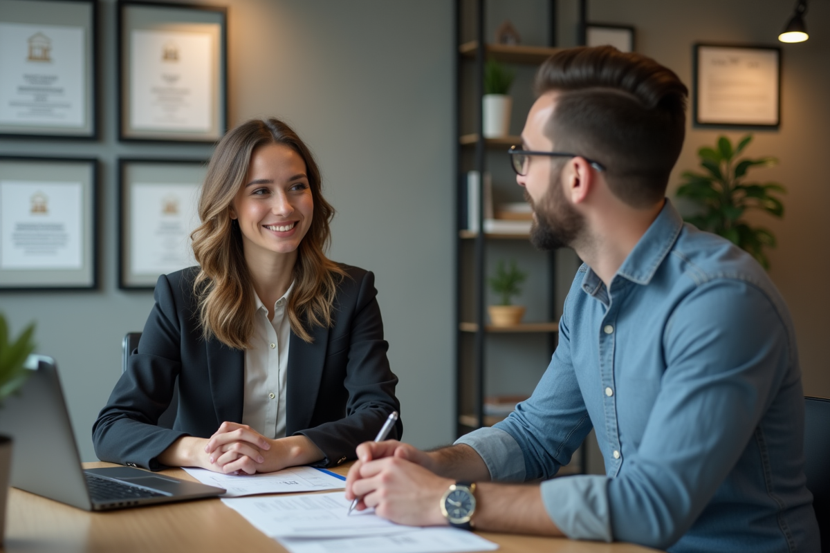 Jeune femme en blazer discutant avec un conseiller immobilier au bureau