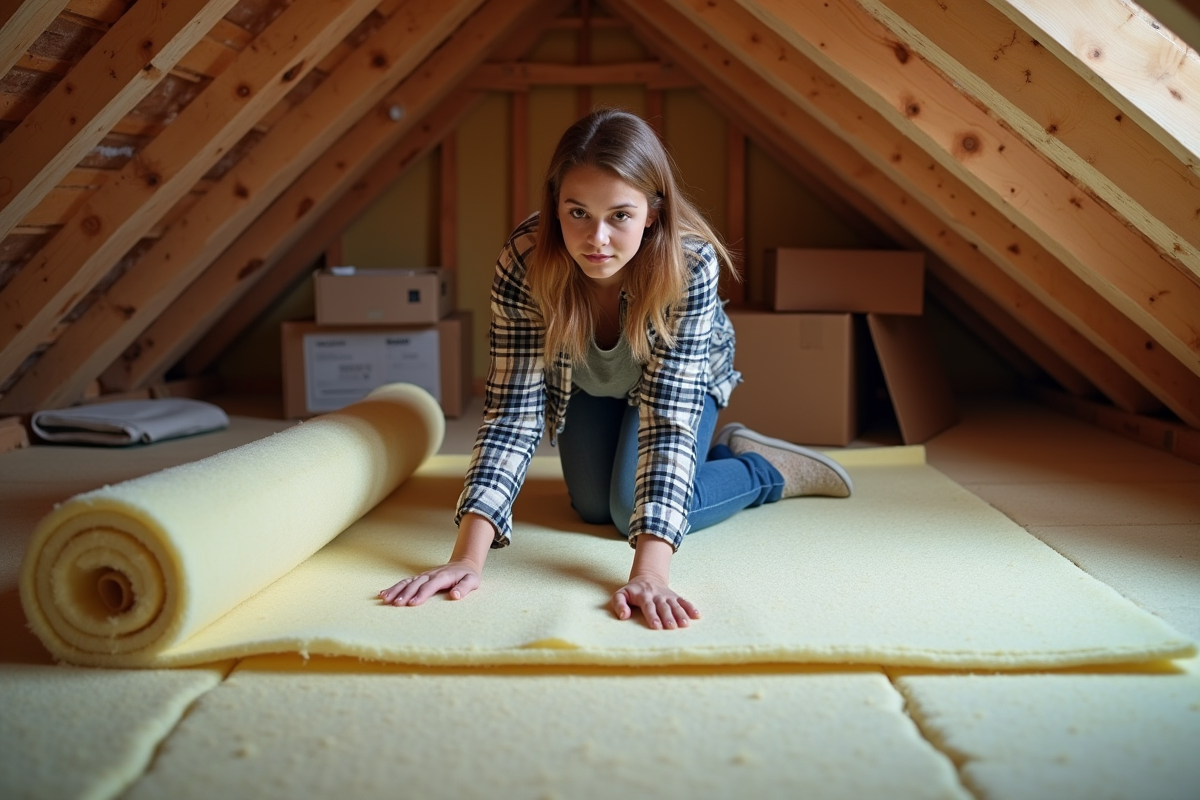Jeune femme posant de la laine mineral dans un grenier