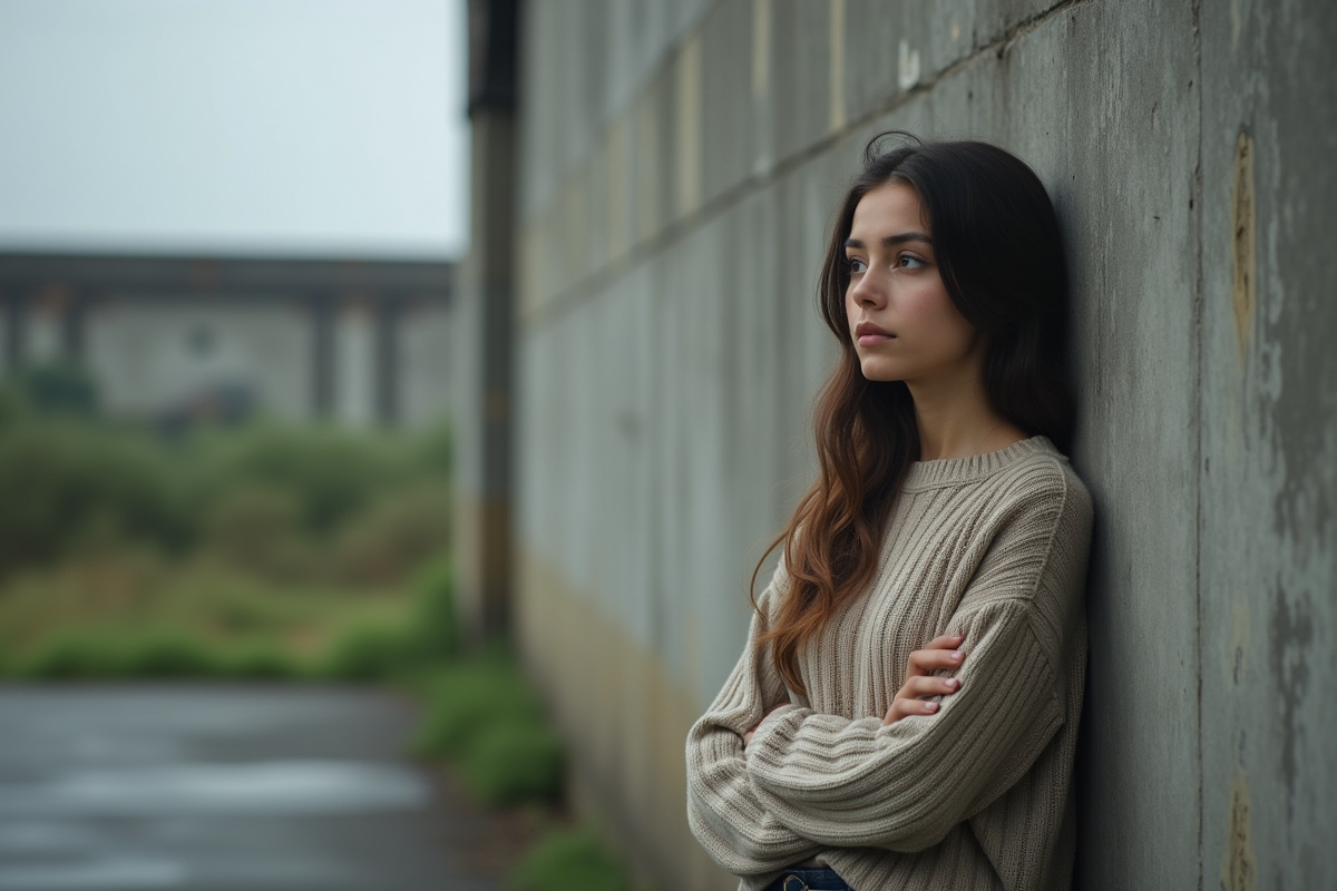 Jeune femme pensive debout près d un bâtiment industriel
