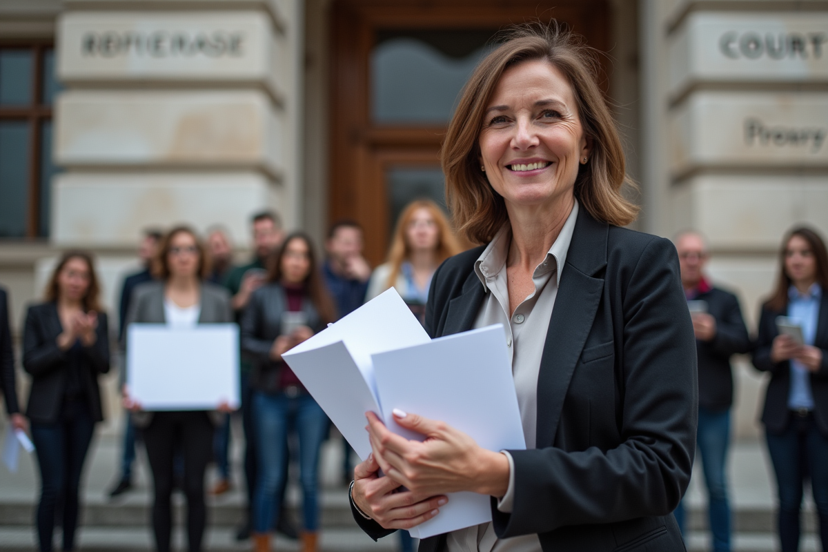 Femme tenant des pétitions devant un tribunal avec supporters