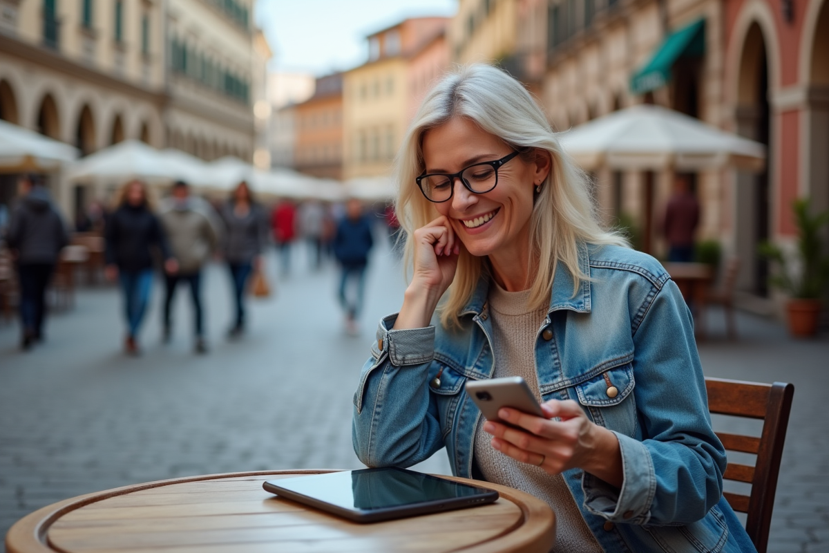 Femme planifiant une visite urbaine avec tablette en terrasse