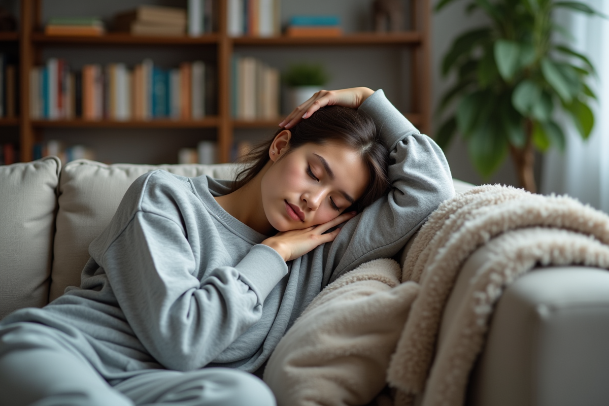 Jeune femme reposant sur un canapé dans le salon