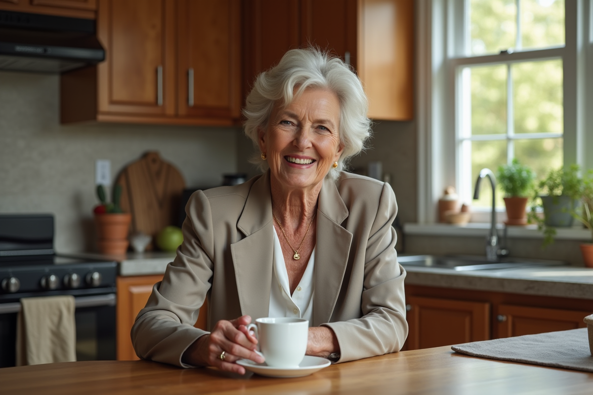Femme retraitée souriante versant du café dans sa cuisine chaleureuse