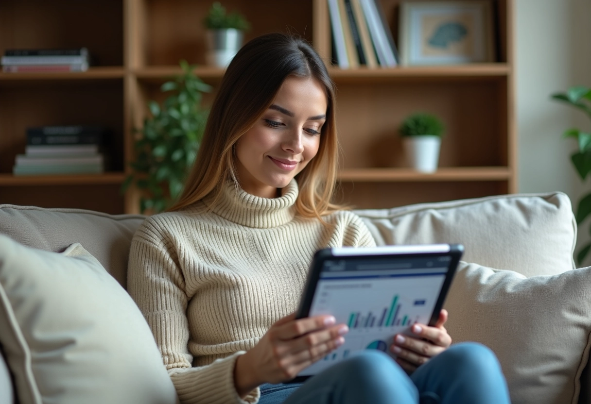 Jeune femme consulte un tableau de prêt immobilier sur sa tablette