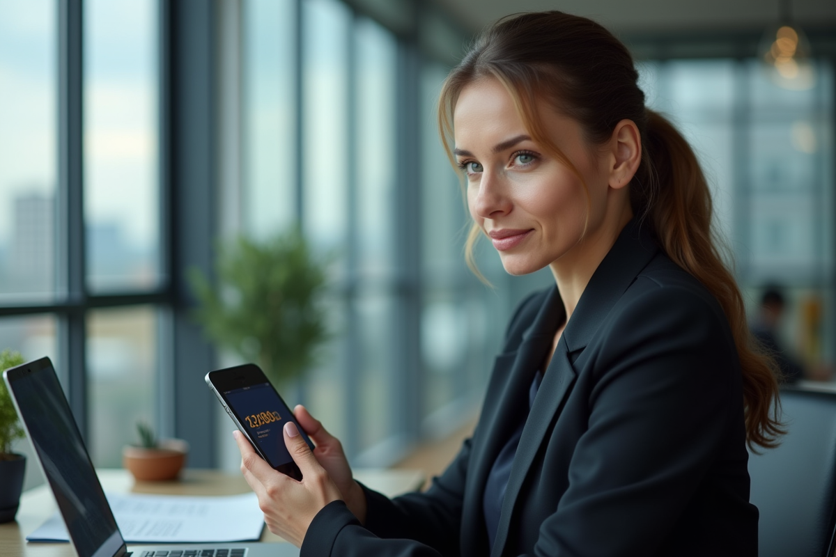 Femme d affaires regardant une transaction blockchain sur son smartphone