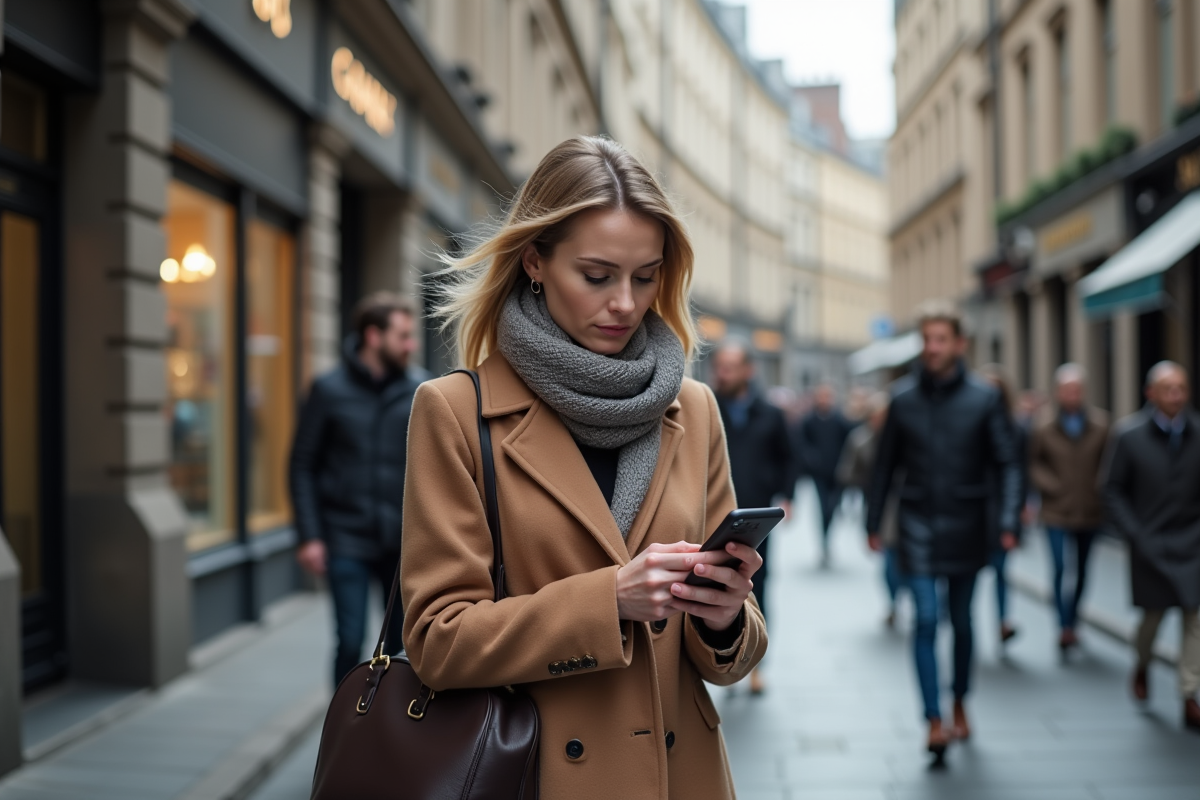 Femme urbaine marchant avec smartphone en main