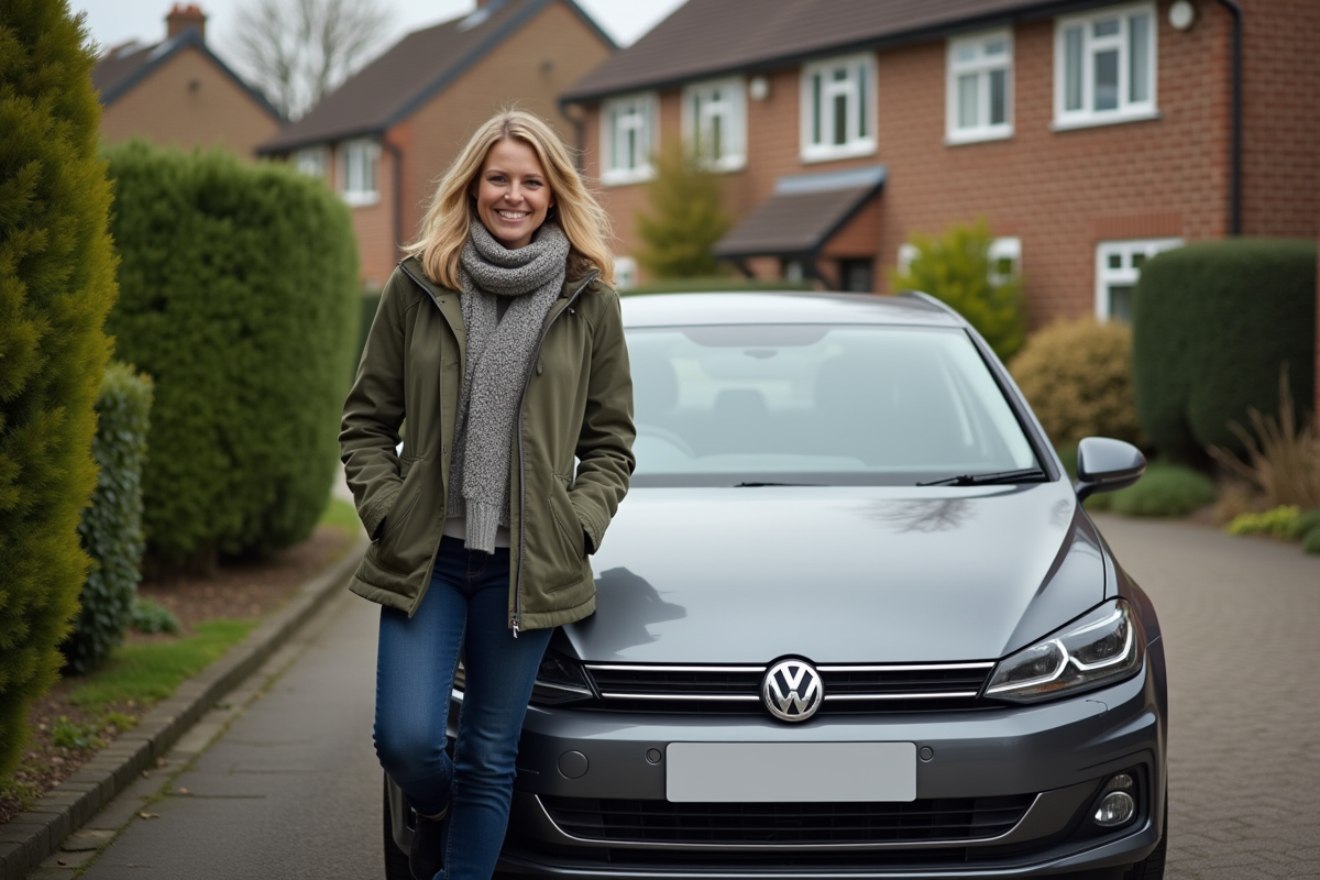 Femme souriante posant près de sa voiture dans une allée résidentielle
