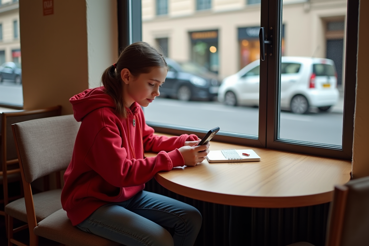Fille de 13 ans utilisant son smartphone au café