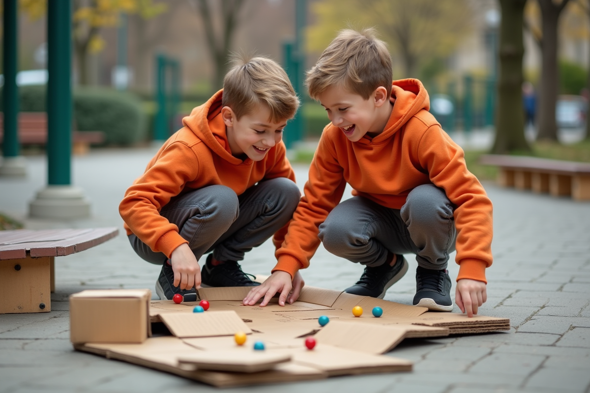 Deux garçons jouent avec un labyrinthe de billes dans un parc