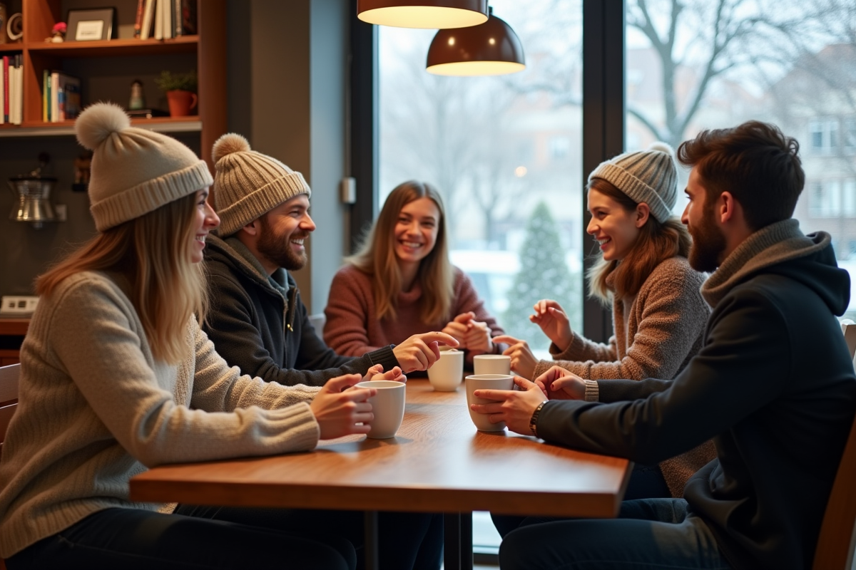 Groupe d amis dans un café scandinave chaleureux