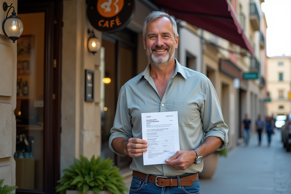Homme souriant tenant une licence commerciale devant un café