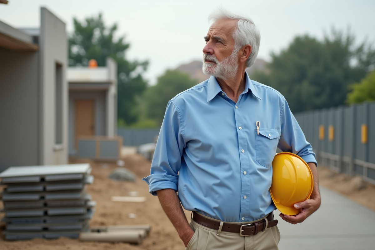 Homme mature en extérieur près d un chantier de construction