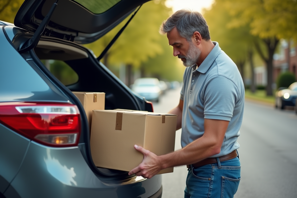 Homme chargé des colis dans le coffre d