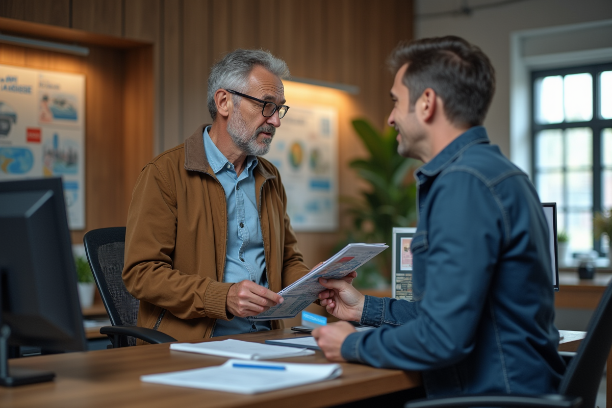 Homme discutant avec agent de voyage dans un bureau