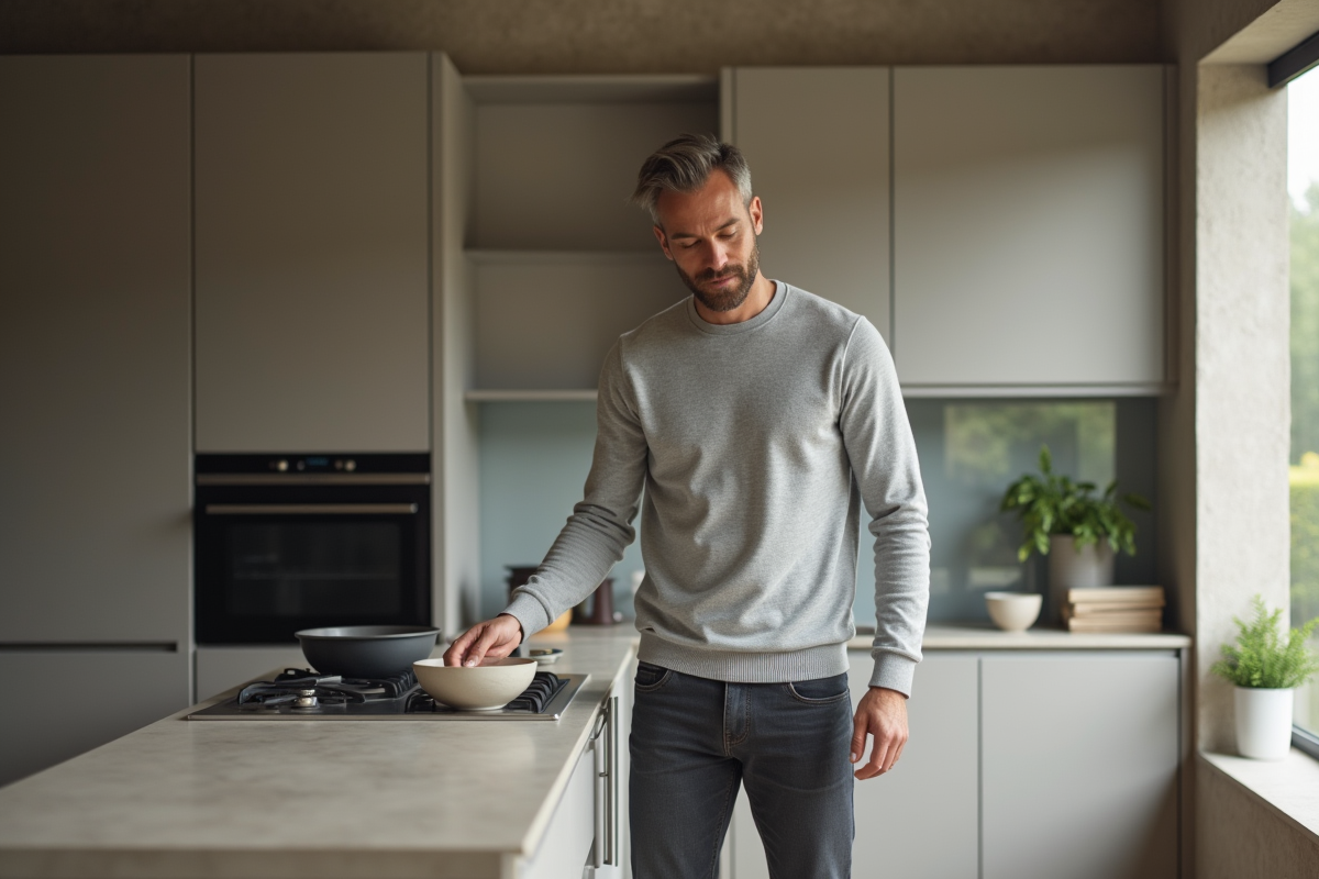 Homme en pull gris préparant un bol en cuisine épurée