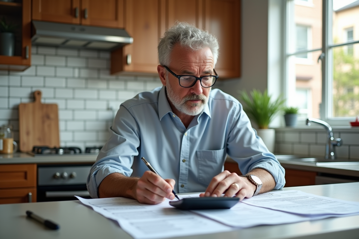 Homme d age vérifie ses impôts dans une cuisine lumineuse