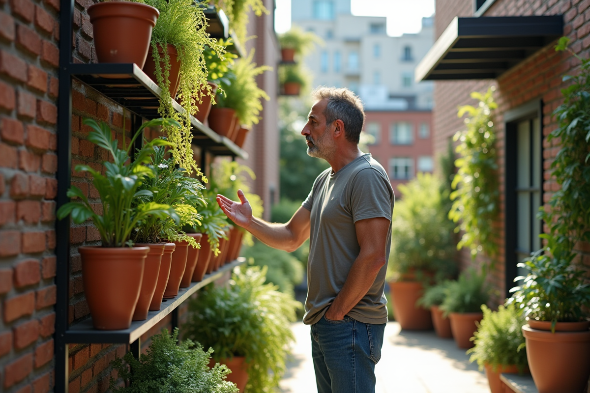 Homme examine un mur végétal dans une cour urbaine en plein air