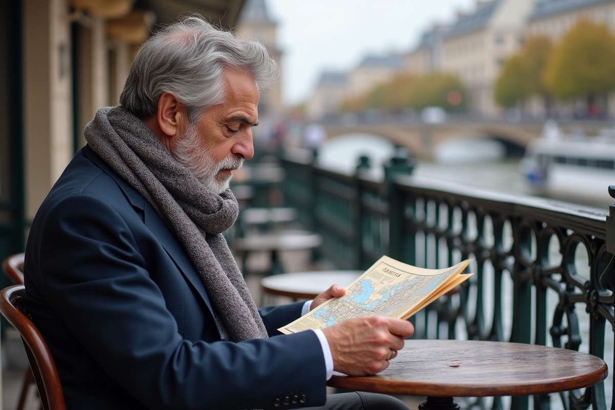 Homme lisant une carte sur une terrasse parisienne