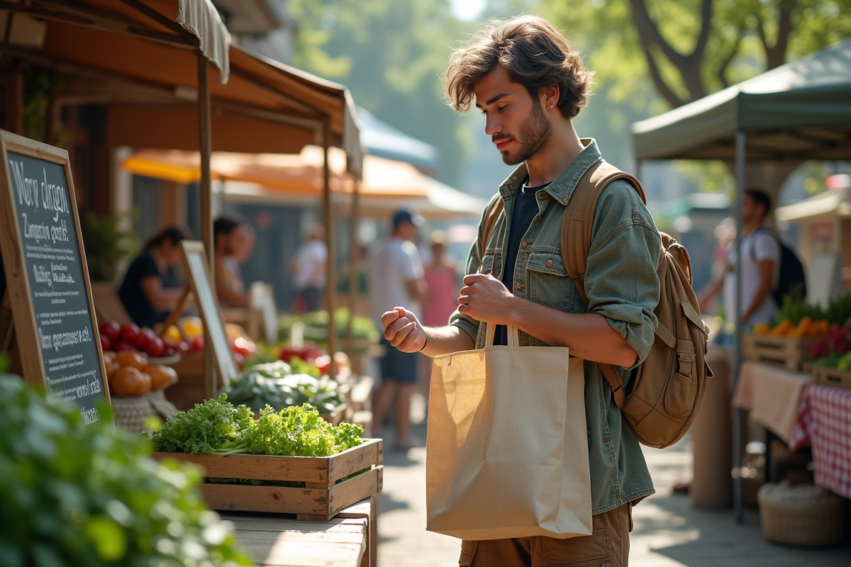 Jeune homme vérifiant sac réutilisable marché urbain