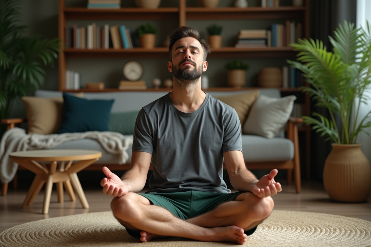 Homme en méditation avec tremblements dans un salon chaleureux