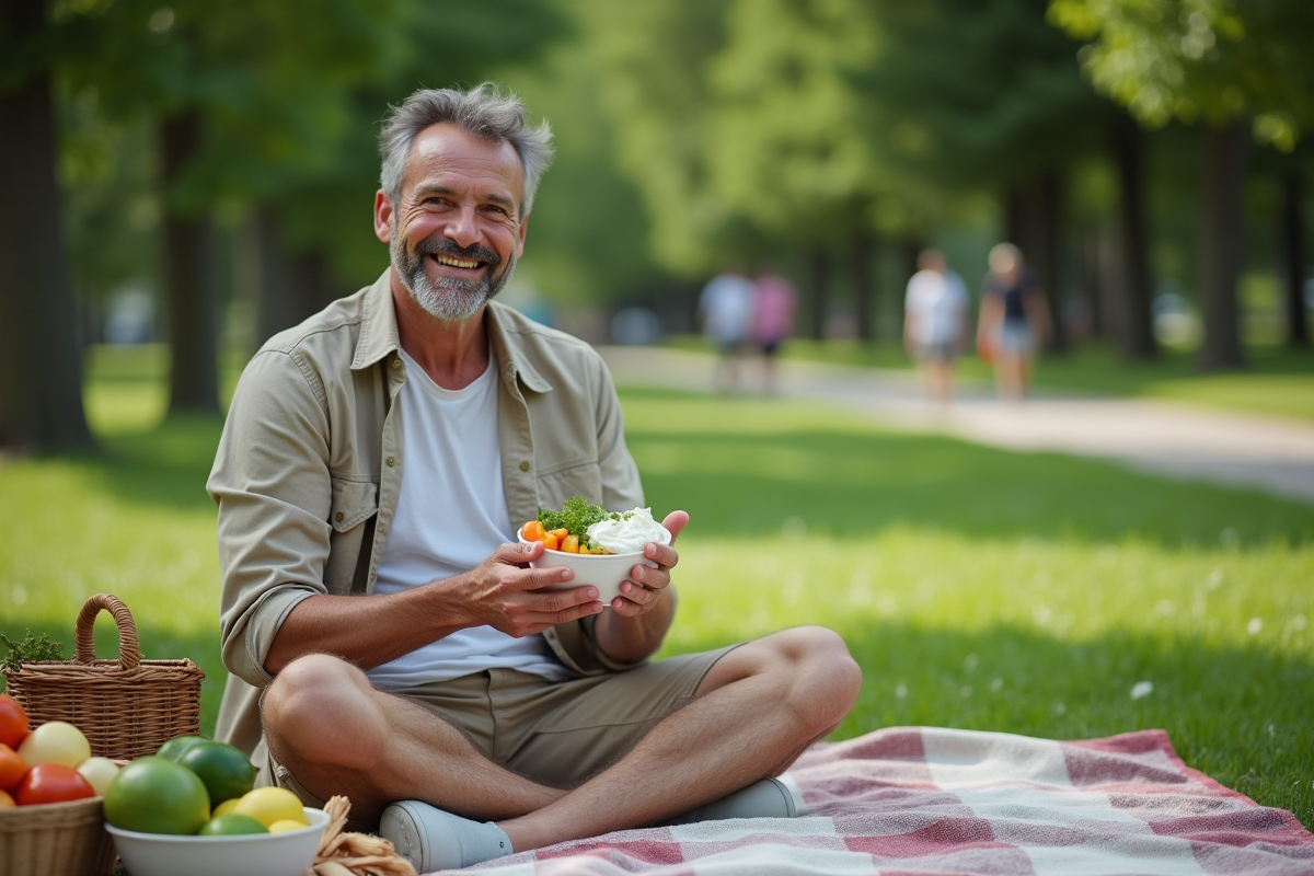 Homme détendu mangeant des légumes en plein air dans un parc