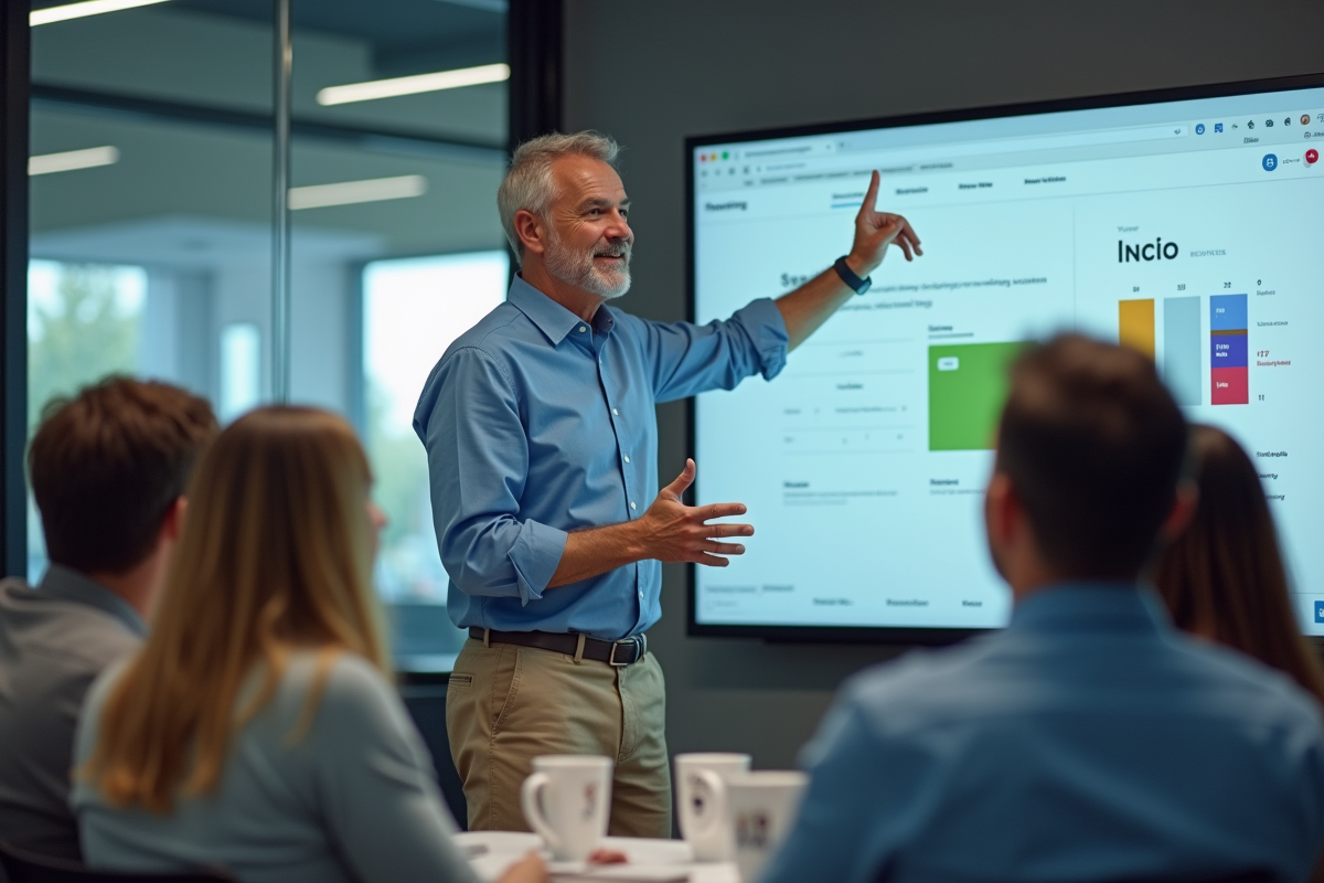 Homme présentant un site web à ses collègues dans un bureau ouvert