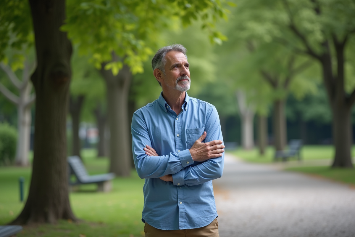 Homme en promenade contemplative dans un parc urbain