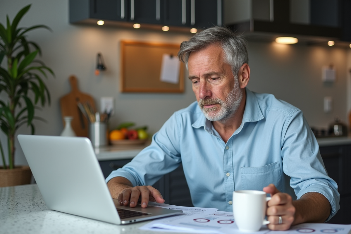 Homme d age moyen vérifiant ses revenus locatifs à la cuisine
