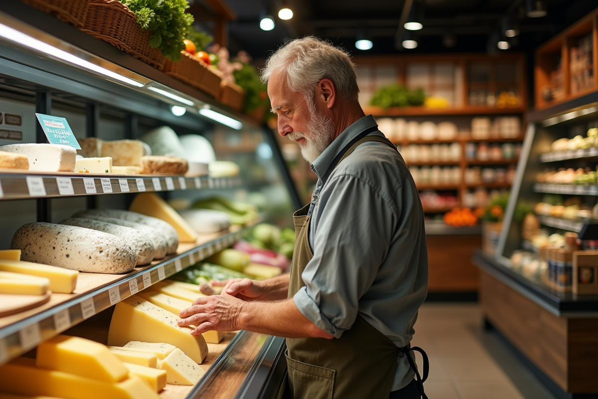 Homme âgé choisissant du fromage dans une épicerie bio